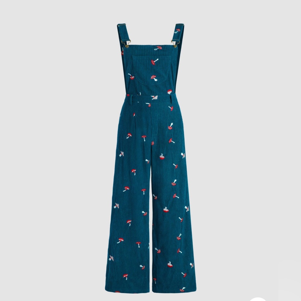 Blue Corduroy Square Neck Mushroom Pattern Jumpsuit